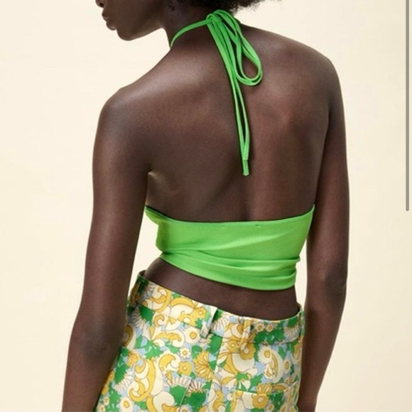 ZARA Neon Green Lime Halter Top Knit Stretchy Crop Top Keyhole - Picture 5 of 5